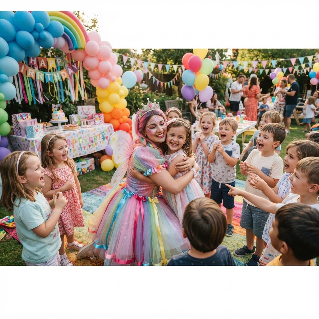 Character performer with children at a birthday party