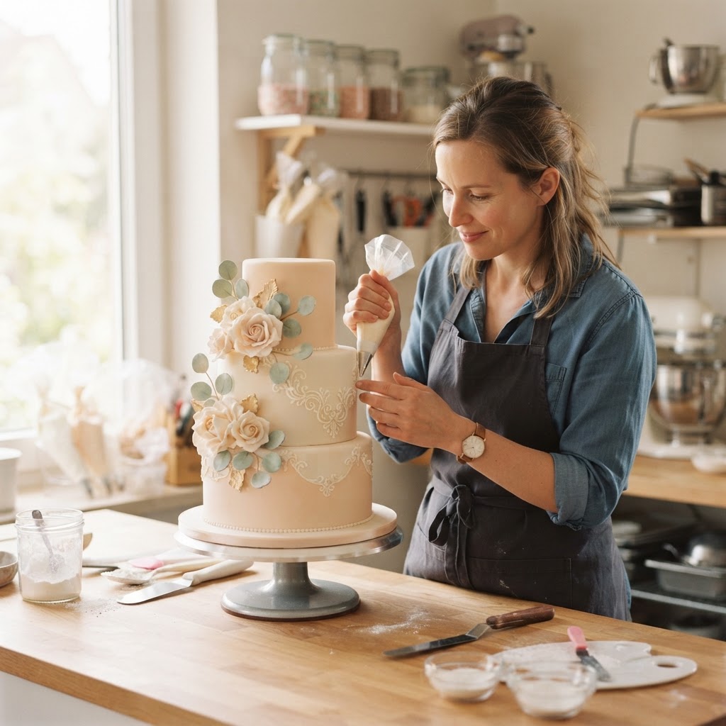 A maker decorating a custom themed cake