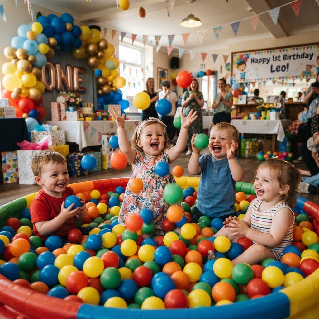 Children playing in a ball pit at a birthday party