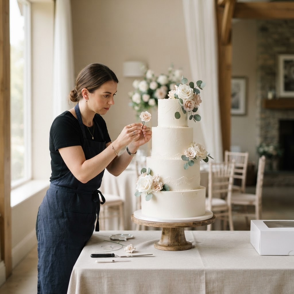 A maker setting up a tiered wedding cake