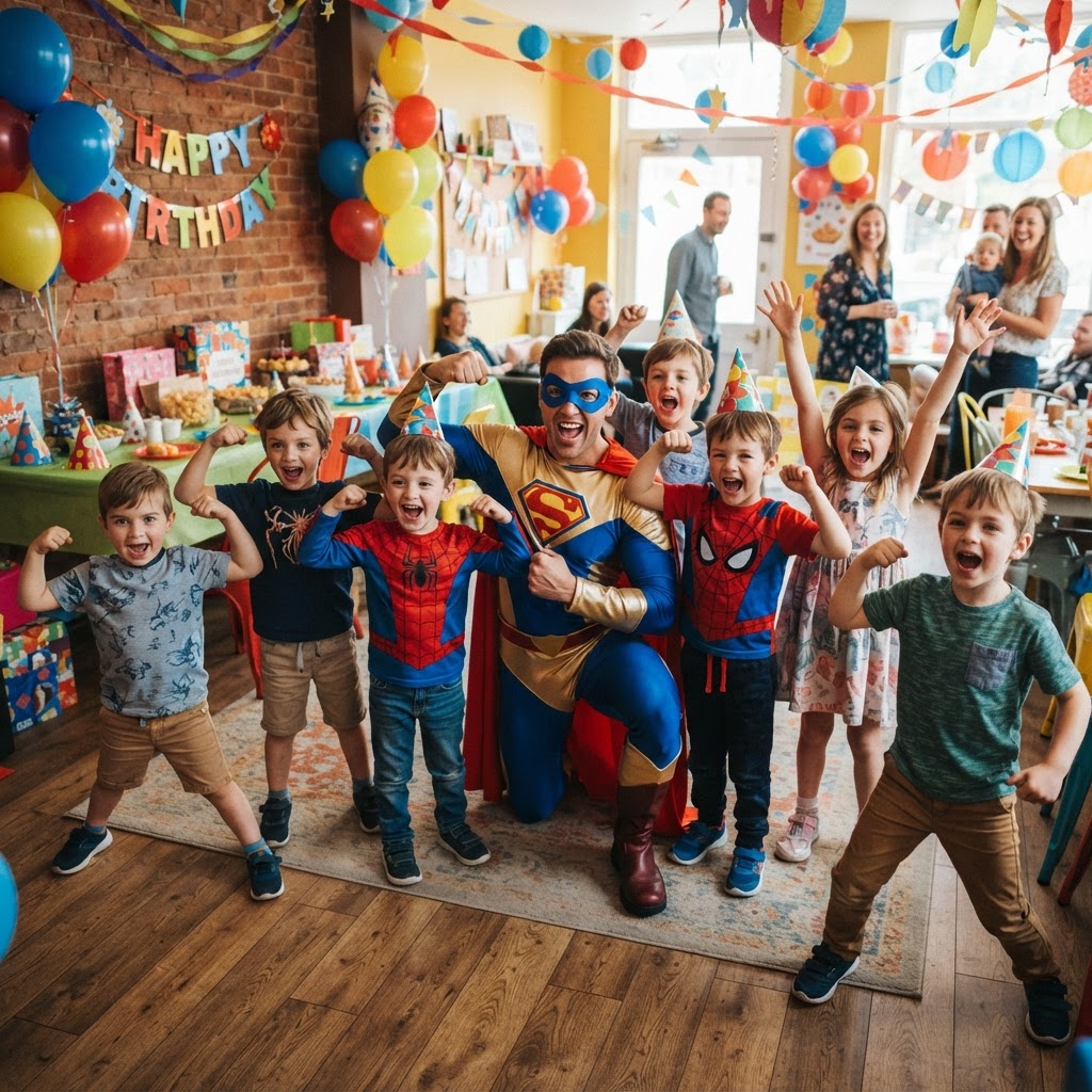 Superhero entertainer posing with children at a birthday party