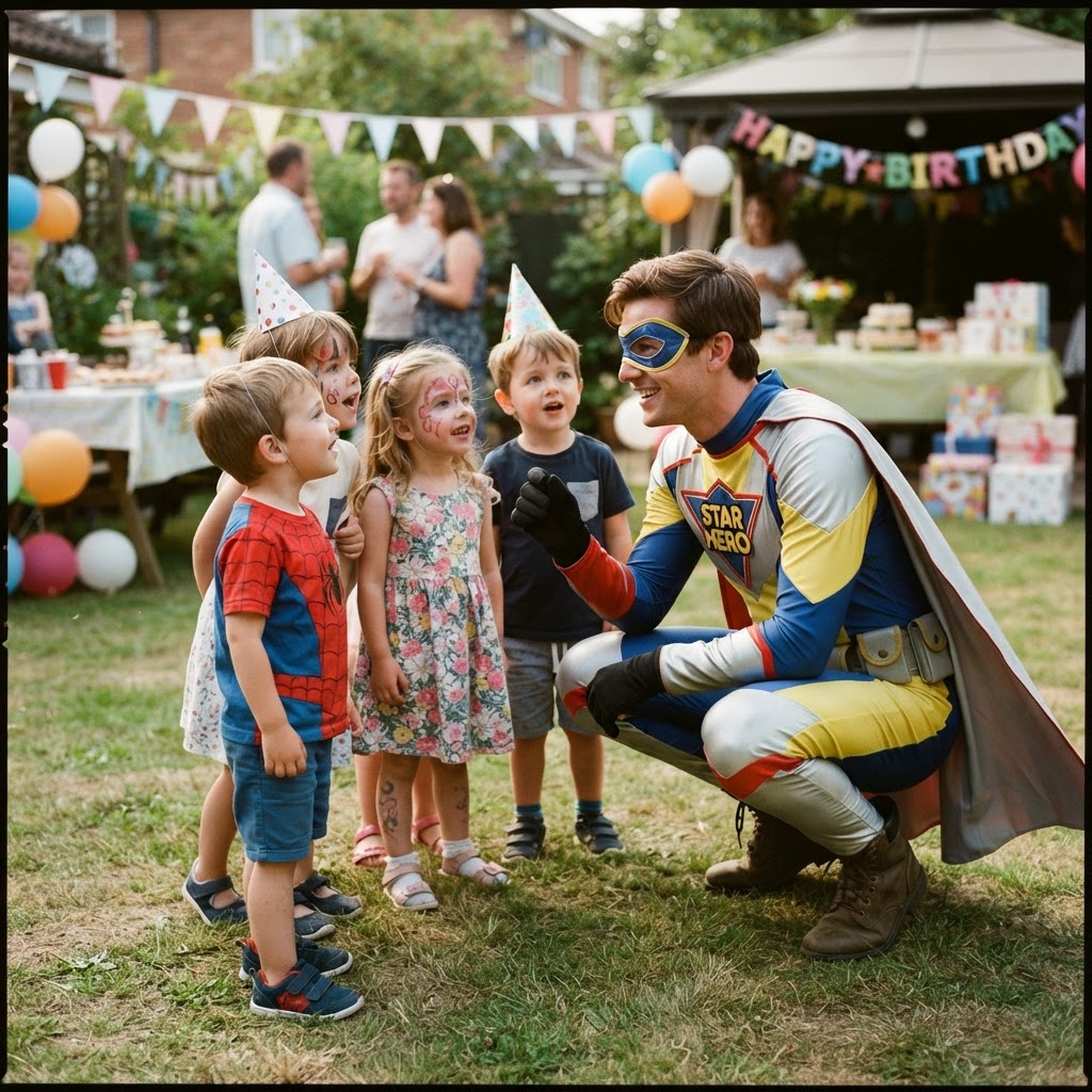 Superhero party entertainer at work