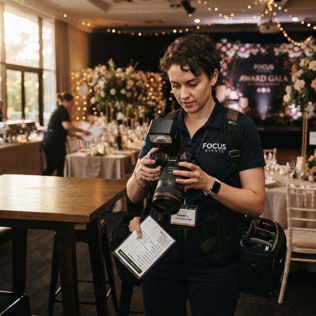 An event photographer checking their camera settings at a party venue