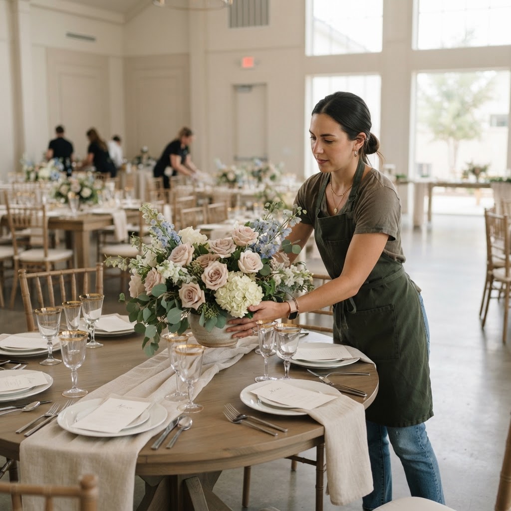 A florist placing floral centerpieces on reception tables