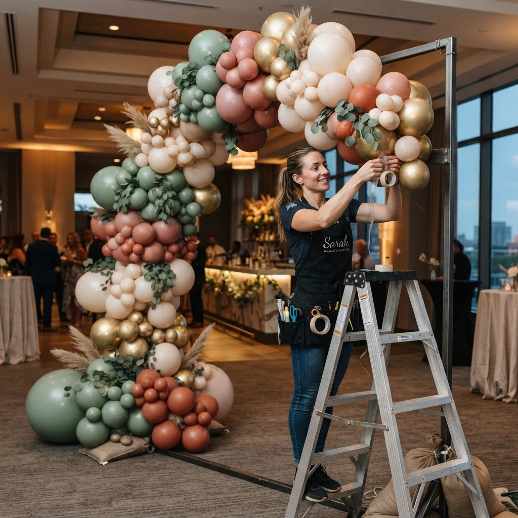 Balloon stylist installing and anchoring a balloon arch at an event