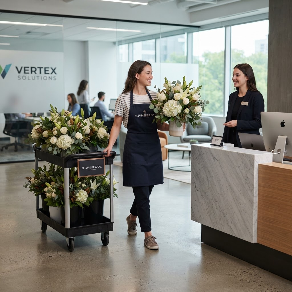 A florist delivering corporate arrangements to a modern office