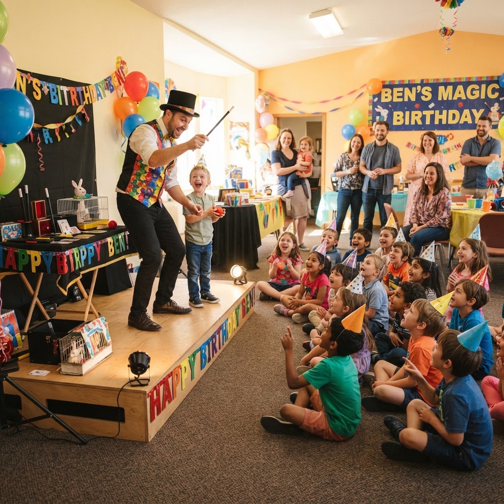 Kids magic show in progress at a birthday party