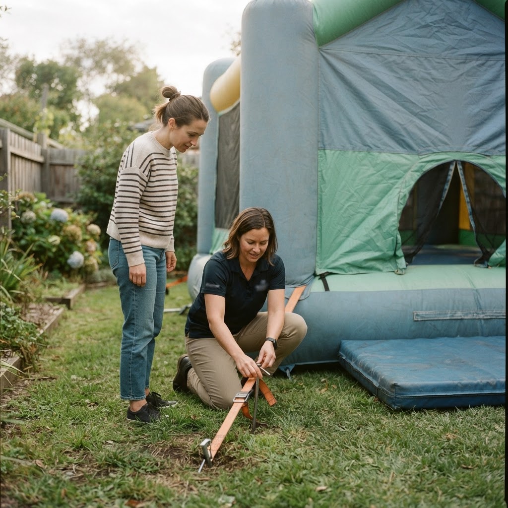 Family checking a jumping castle setup in a backyard