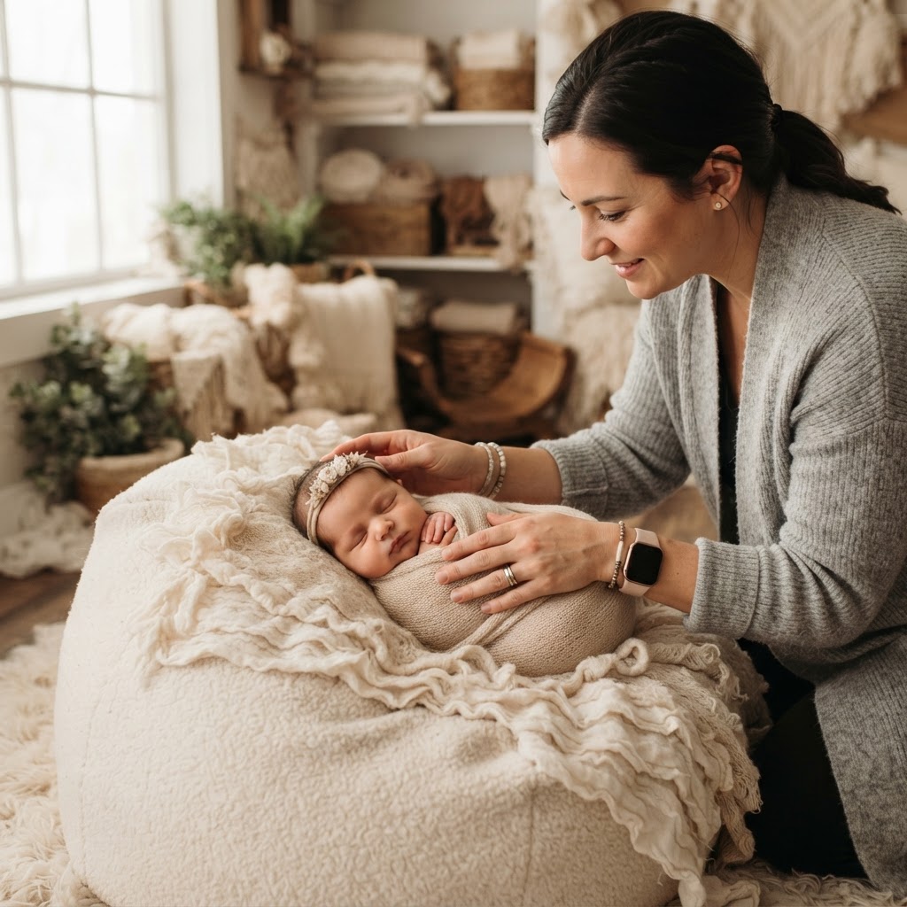 A newborn photographer safely posing a baby in a warm studio
