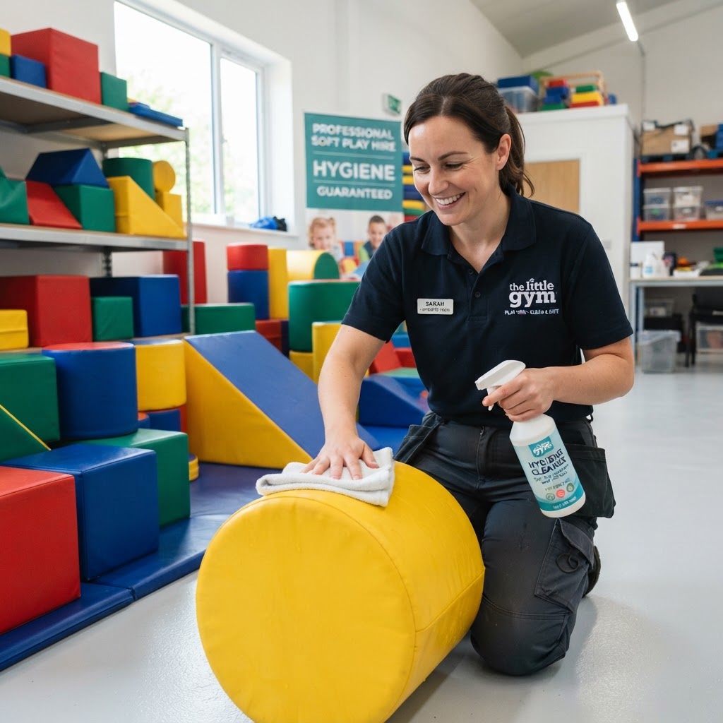 Soft play provider cleaning and sanitising padded equipment