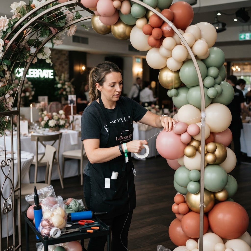 Balloon stylist building a balloon garland on a frame at an event