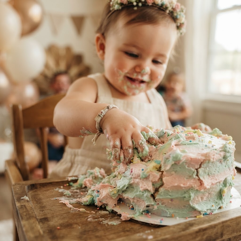 A maker finishing a pastel smash cake