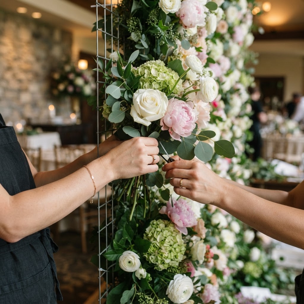 A stylist installing a flower wall at a venue
