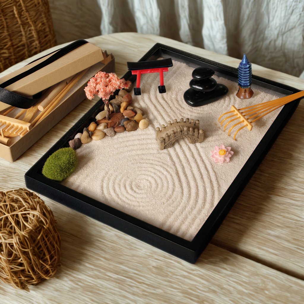 Island Falls Home Traditional 21-Piece Zen Garden Kit on a light wood surface