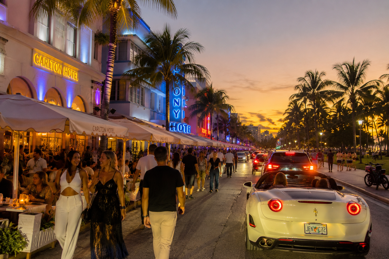 Miami Beach Art Deco district at twilight