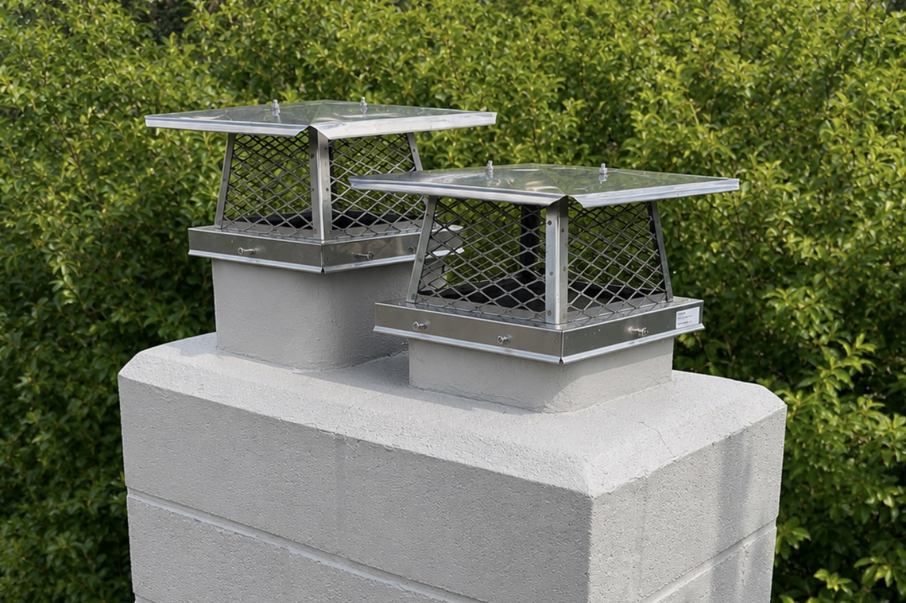 Two stainless steel chimney caps with pyramid lids and mesh screens on a gray masonry chimney