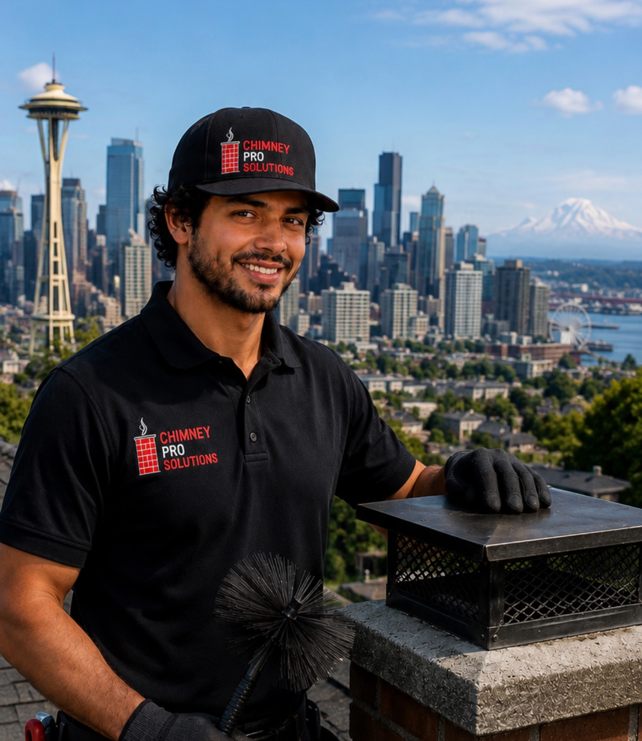 Chimney Pro Solutions technician on Seattle rooftop with chimney cap and brush for inspection
