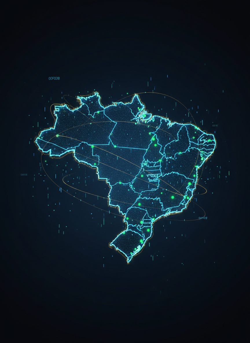 Mapa holográfico do Brasil com pontos de oportunidades de licitação