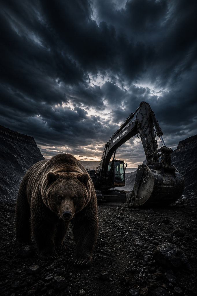 Kodiak Grease bear and excavator on job site