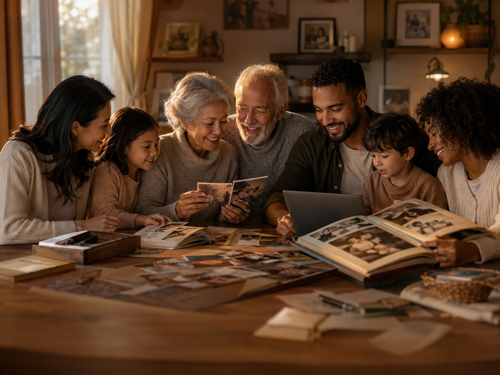 Multicultural multigenerational Black and white family reviewing photographs, albums, and digital family memories together.