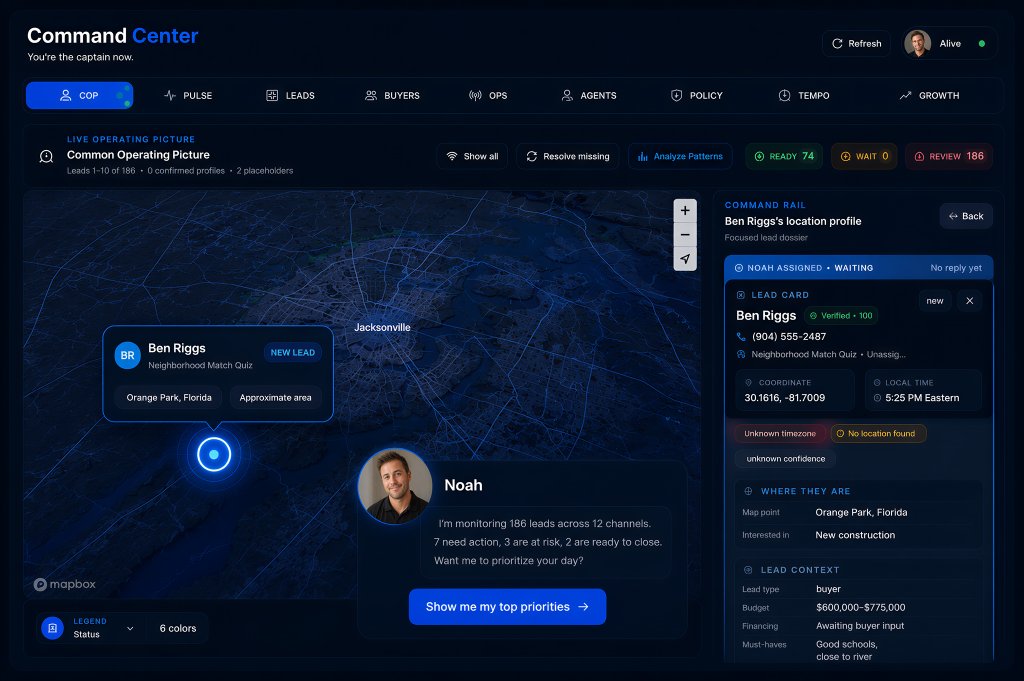 ONE Lead OS Command Center — live operating picture of leads on a map