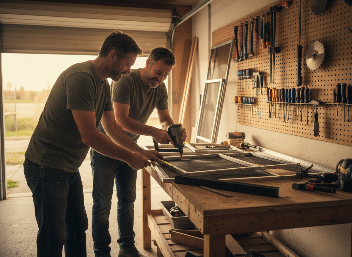 Robert and David working together building window screens