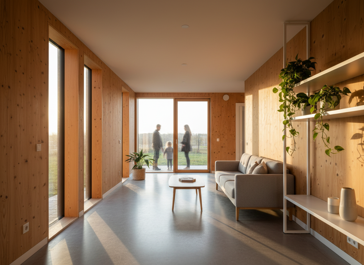 Modern sustainable housing interior with warm timber and natural light