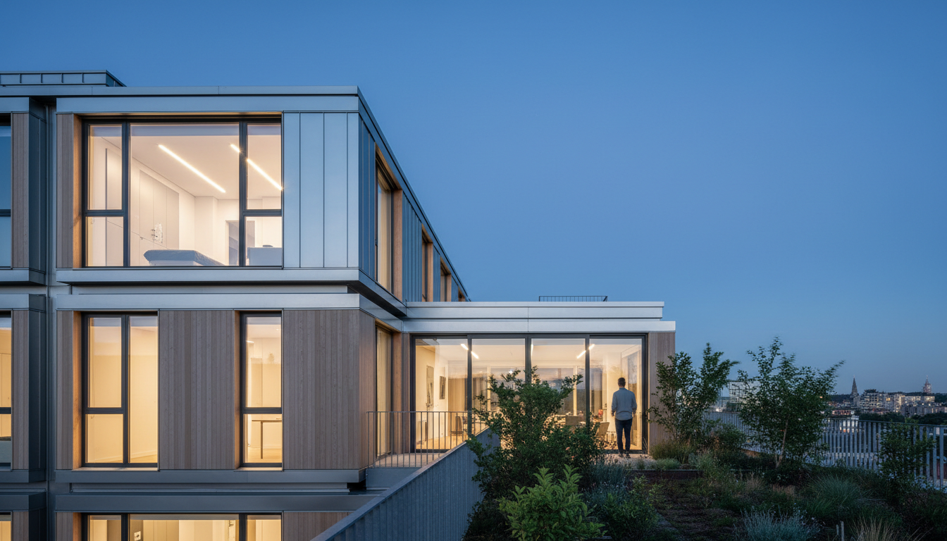 Modern sustainable housing building at twilight