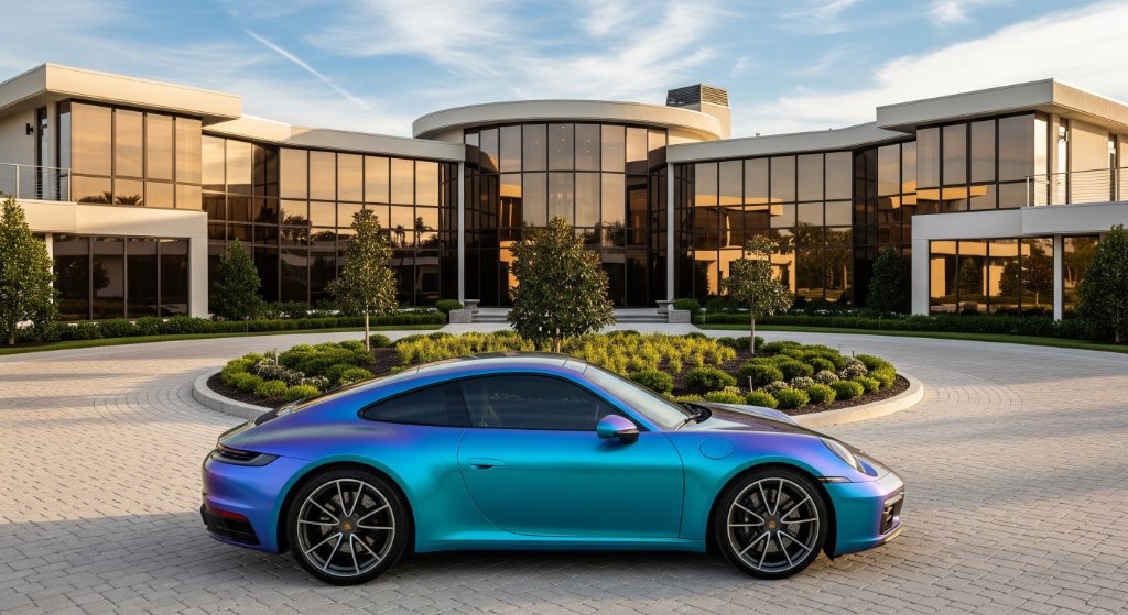 Porsche 911 with iridescent vinyl wrap in front of luxury estate