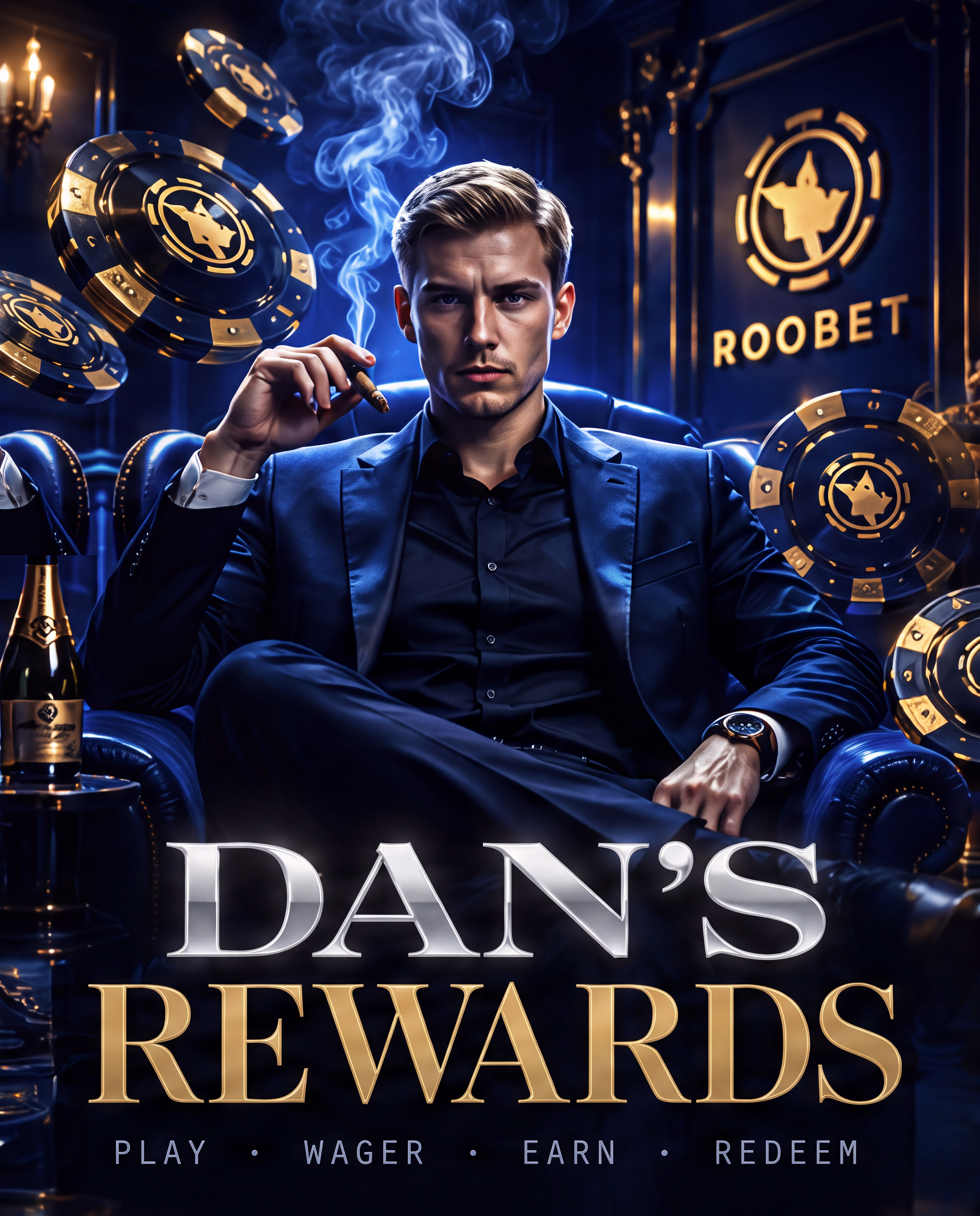 Dan's Rewards. Play, wager, earn, redeem. A man in a navy suit surrounded by blue smoke and gold casino chips.