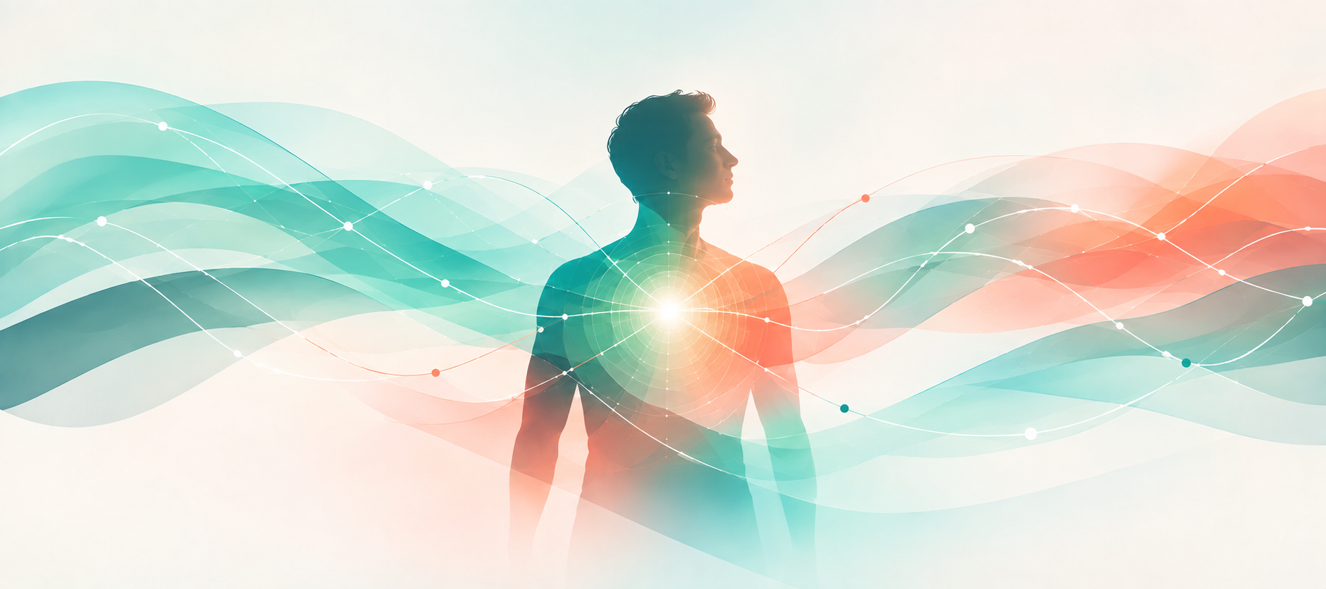 A centered silhouette with a glowing chest, surrounded by flowing teal and coral waves of inner connection