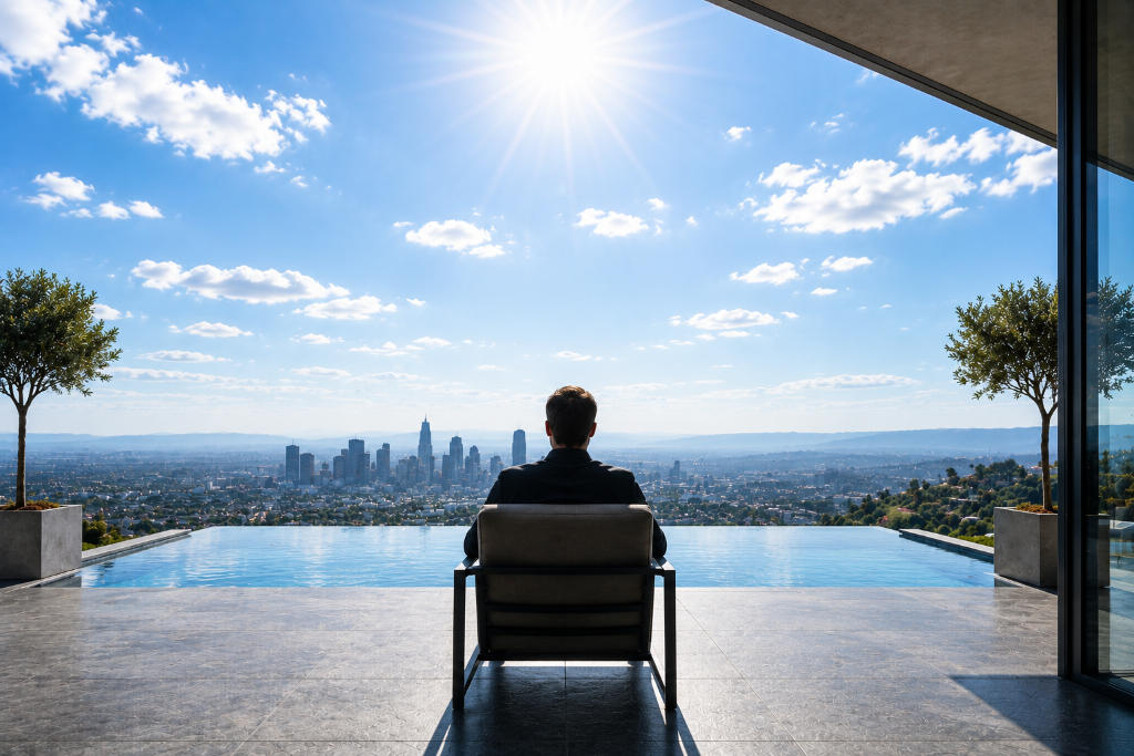 A person sitting overlooking a city skyline in the afternoon
