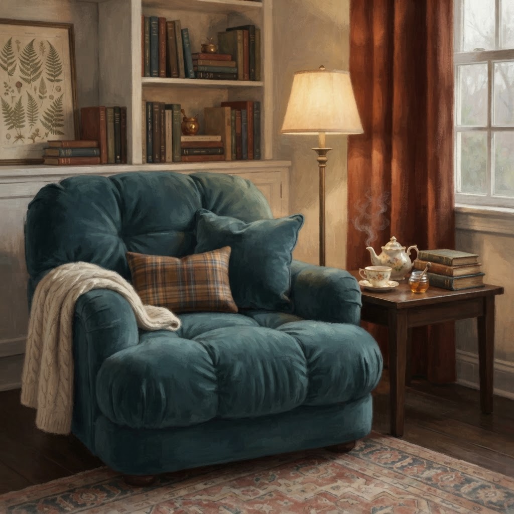 A cozy sitting room corner with a billowy oversized teal armchair with two pillows, a full tea service with teapot, books, and a softly glowing lamp