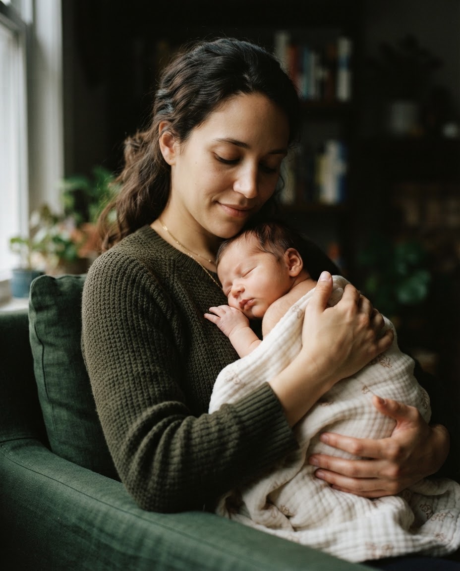 Mother holding a sleeping newborn