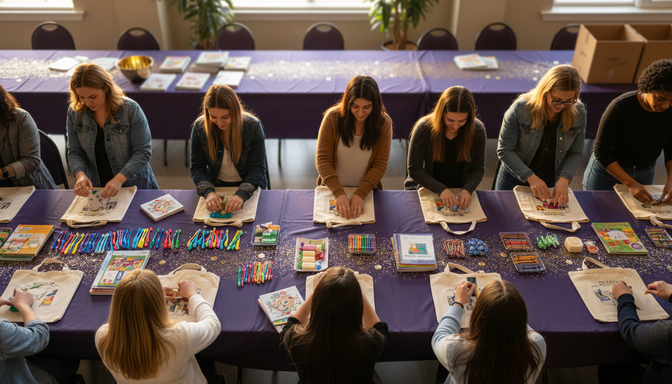 Volunteers assembling care kits
