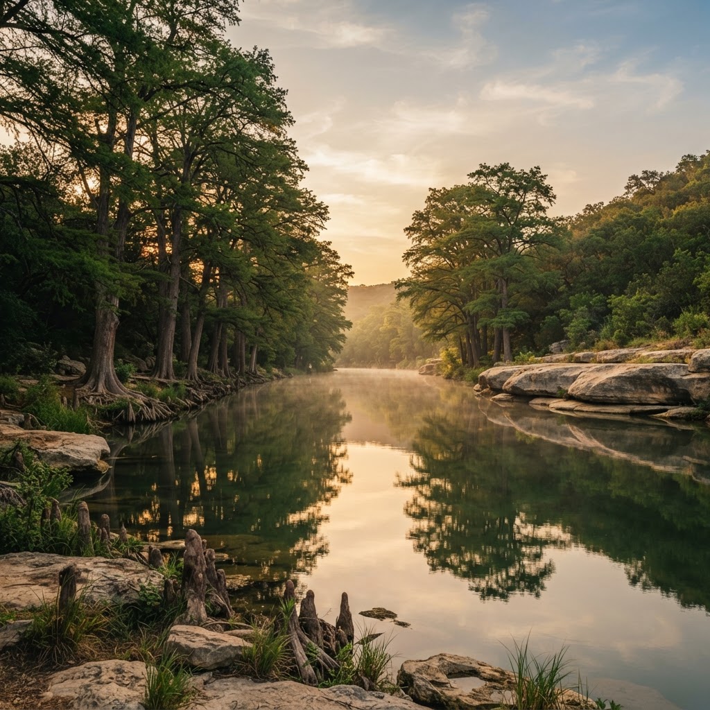 Guadalupe River landscape with bald cypress trees