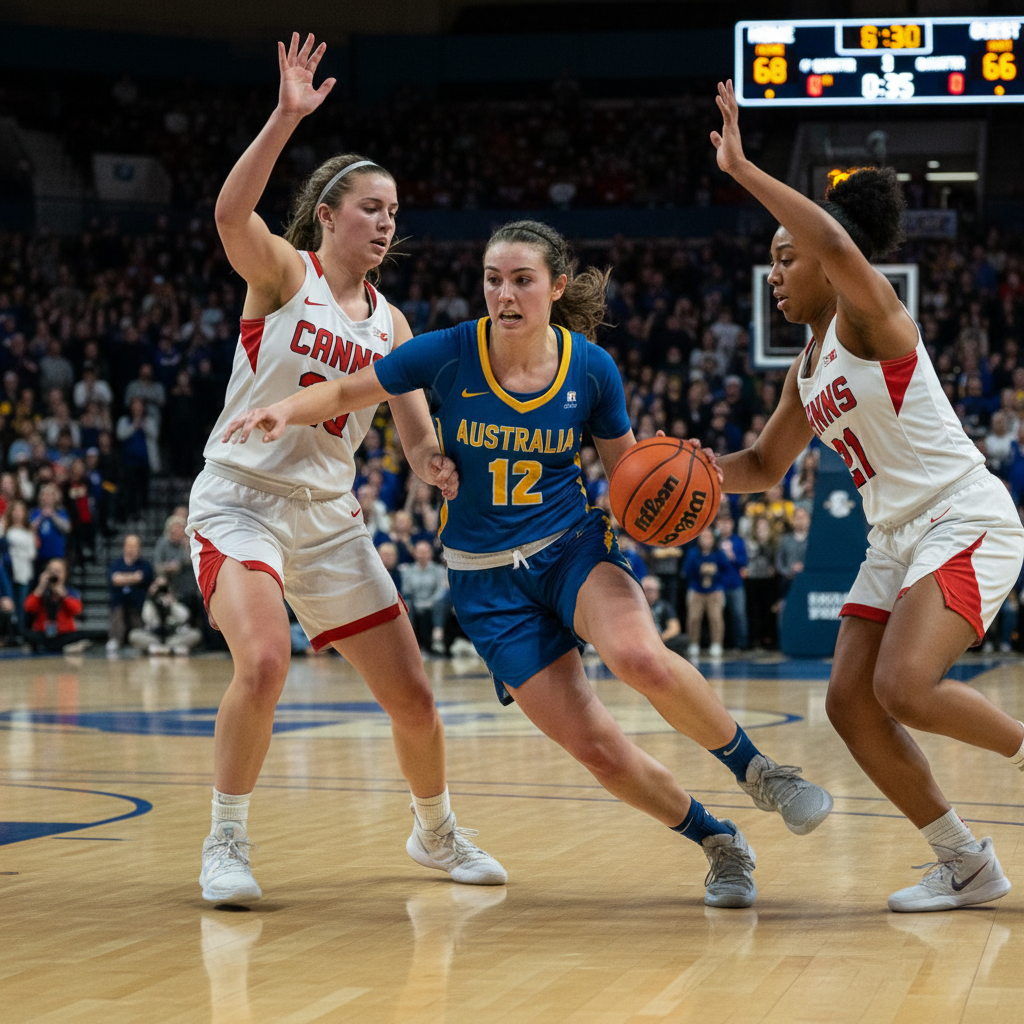 Australian female student-athlete driving to the basket in NAIA college basketball competition