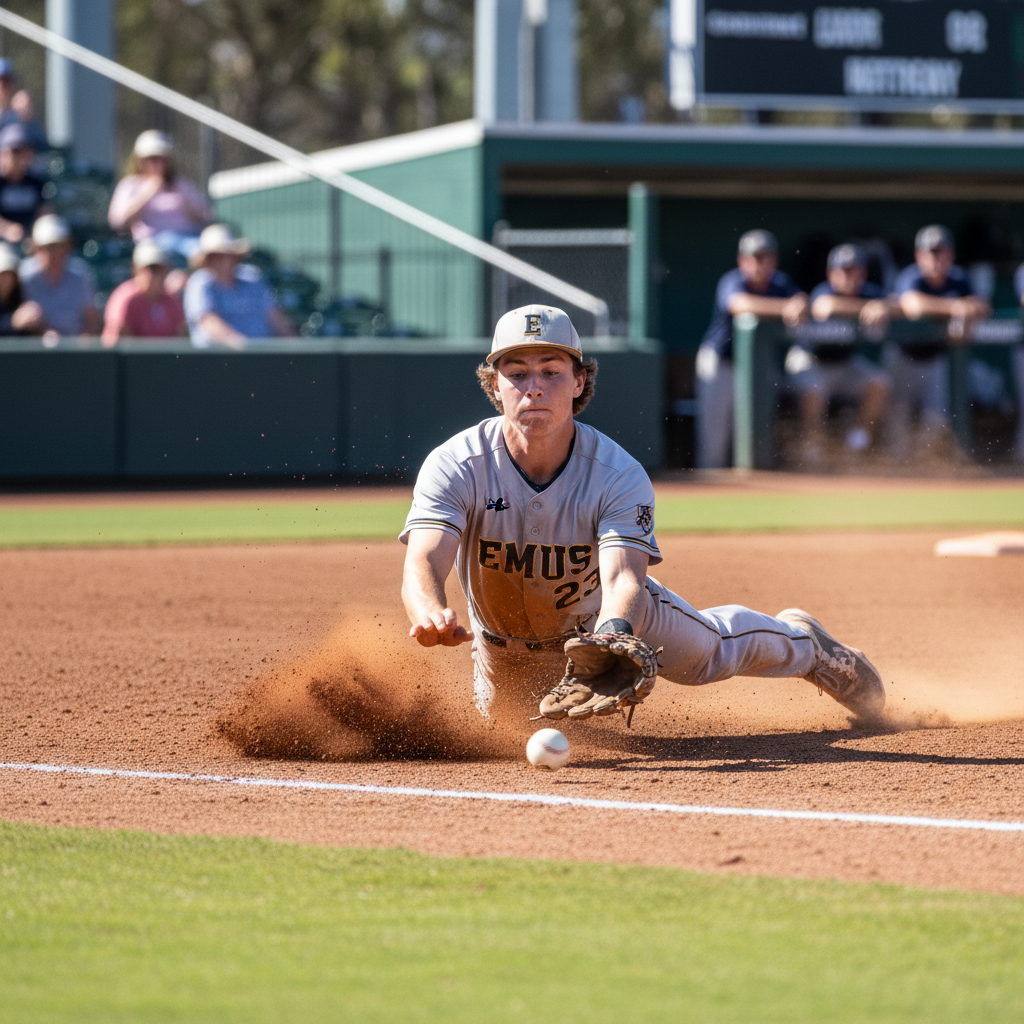 Australian male student-athlete making a diving catch at shortstop in college baseball