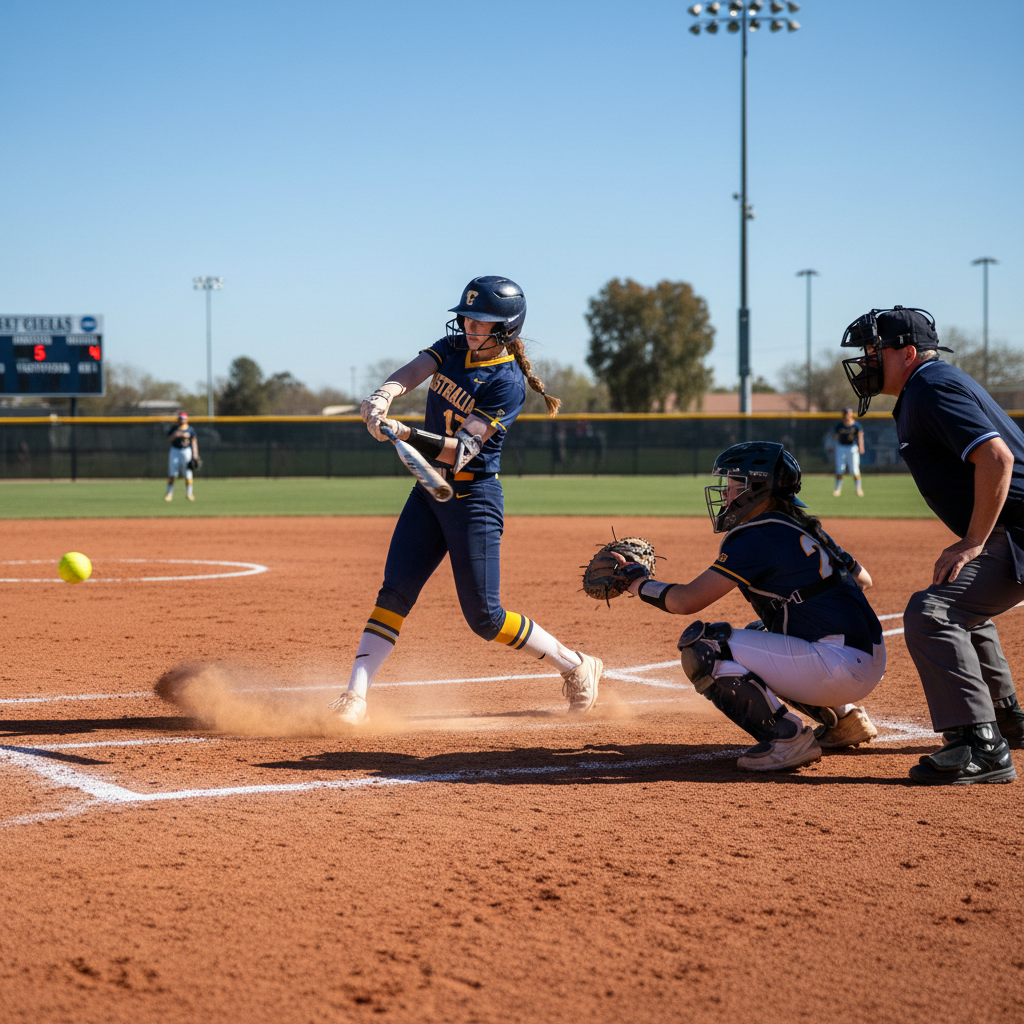 Australian female student-athlete hitting a softball in NJCAA college competition