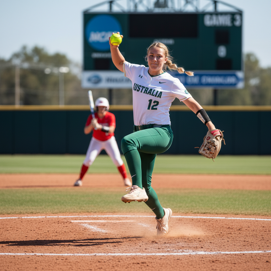 Australian female student-athlete pitching in college softball NCAA competition