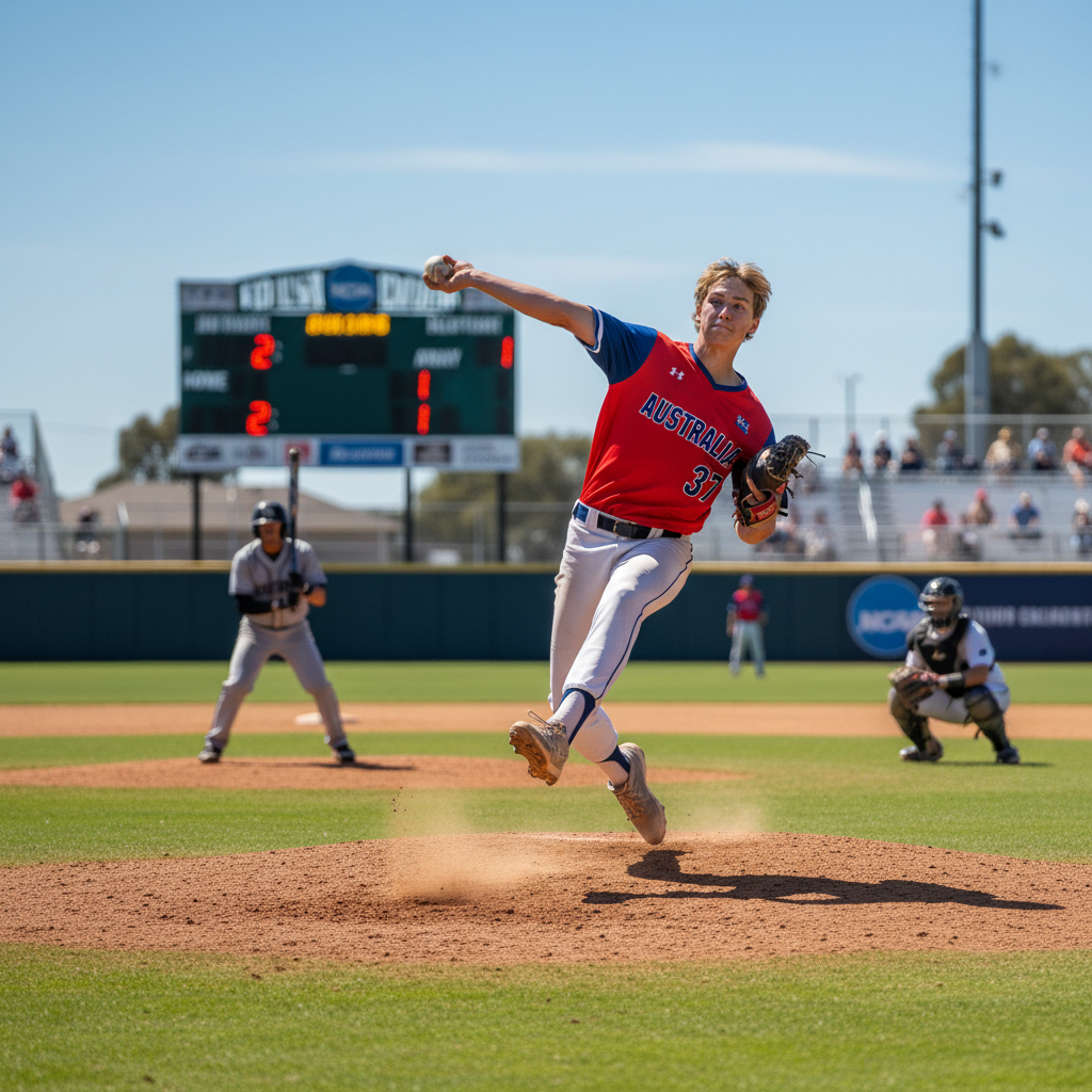 Australian male student-athlete pitching in NJCAA college baseball competition