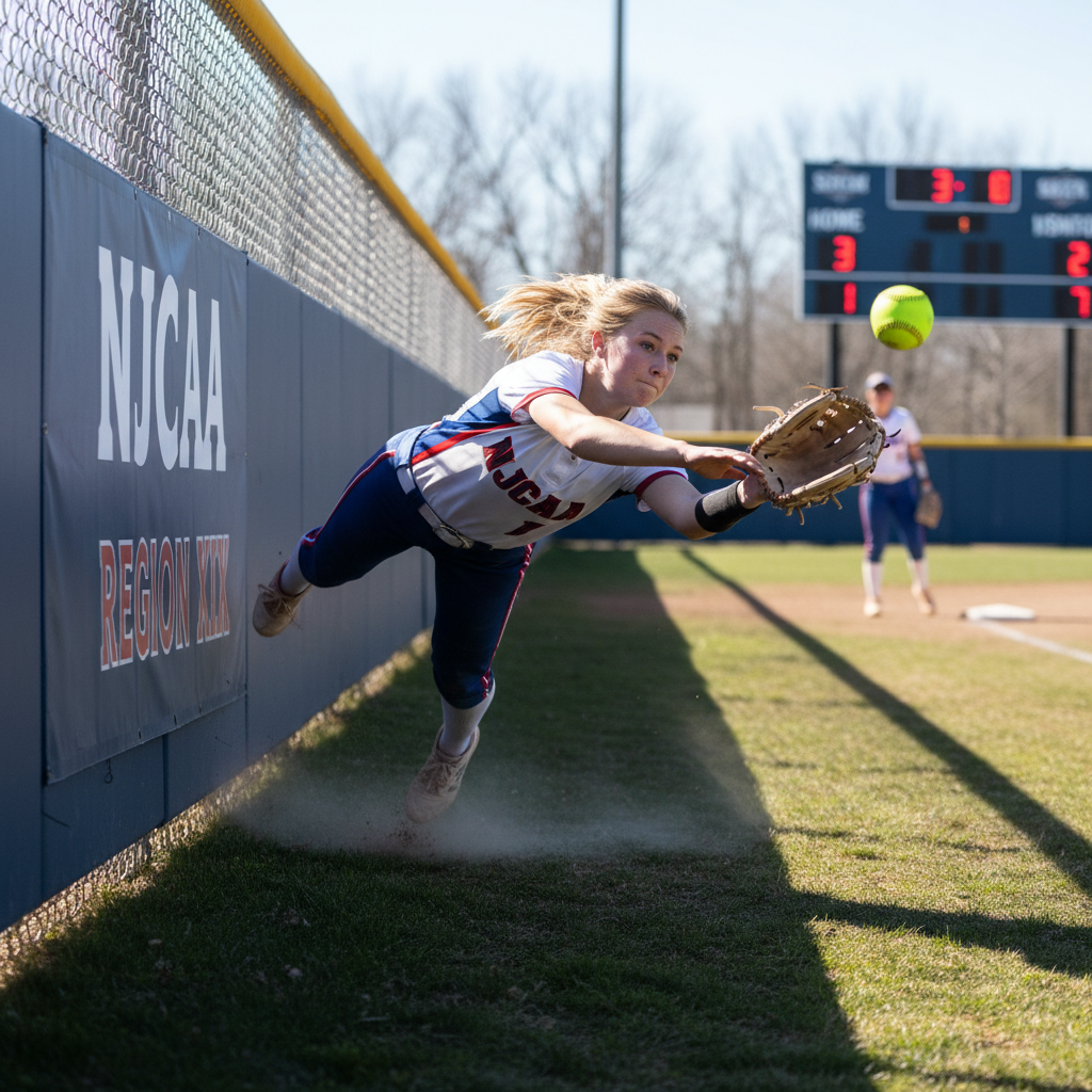 Australian female student-athlete making a leaping catch in NJCAA college softball outfield