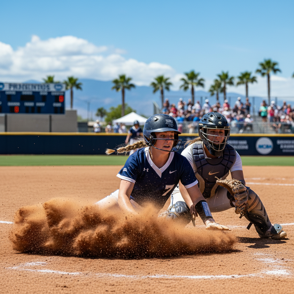 Australian female student-athlete sliding into home plate in college softball competition