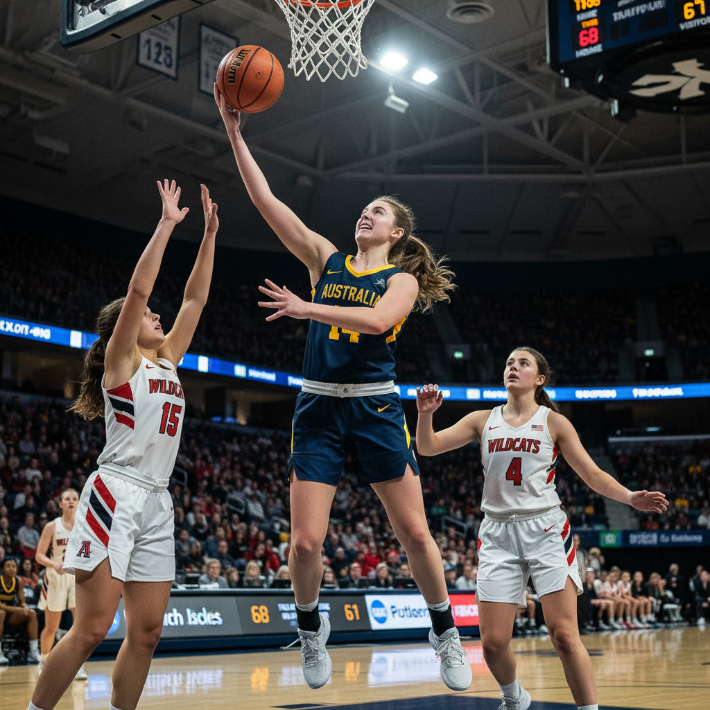 Australian female student-athlete playing college basketball, mid-air layup in NCAA competition