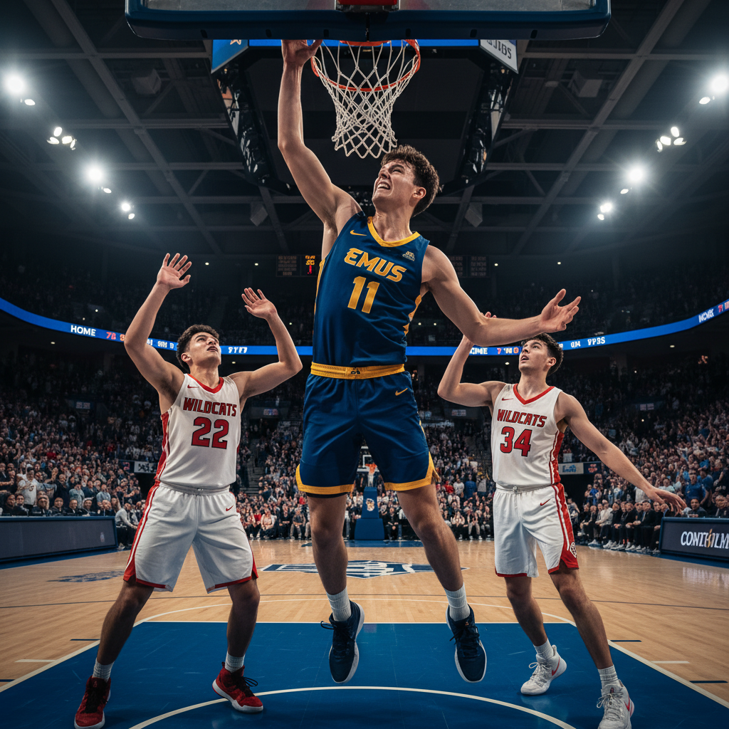 Australian male student-athlete dunking in college basketball NCAA game