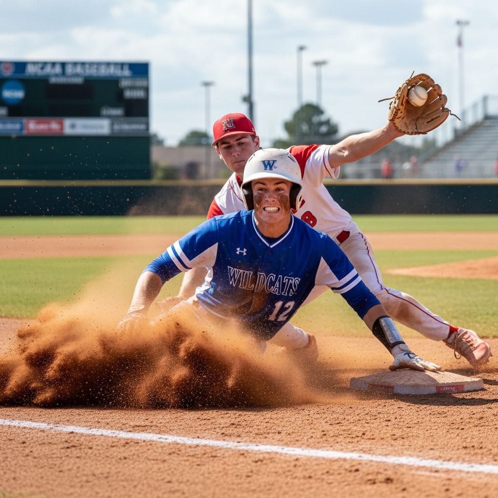 Australian male student-athlete sliding into base in college baseball NCAA competition