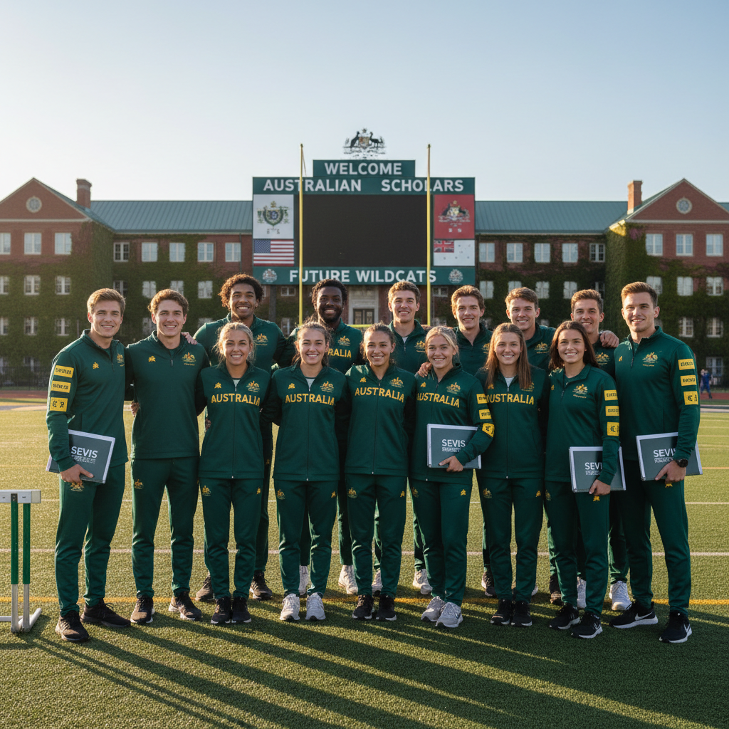 Young Australian athletes in green and gold team uniforms standing together on a U.S. college stadium field, representing the journey ahead
