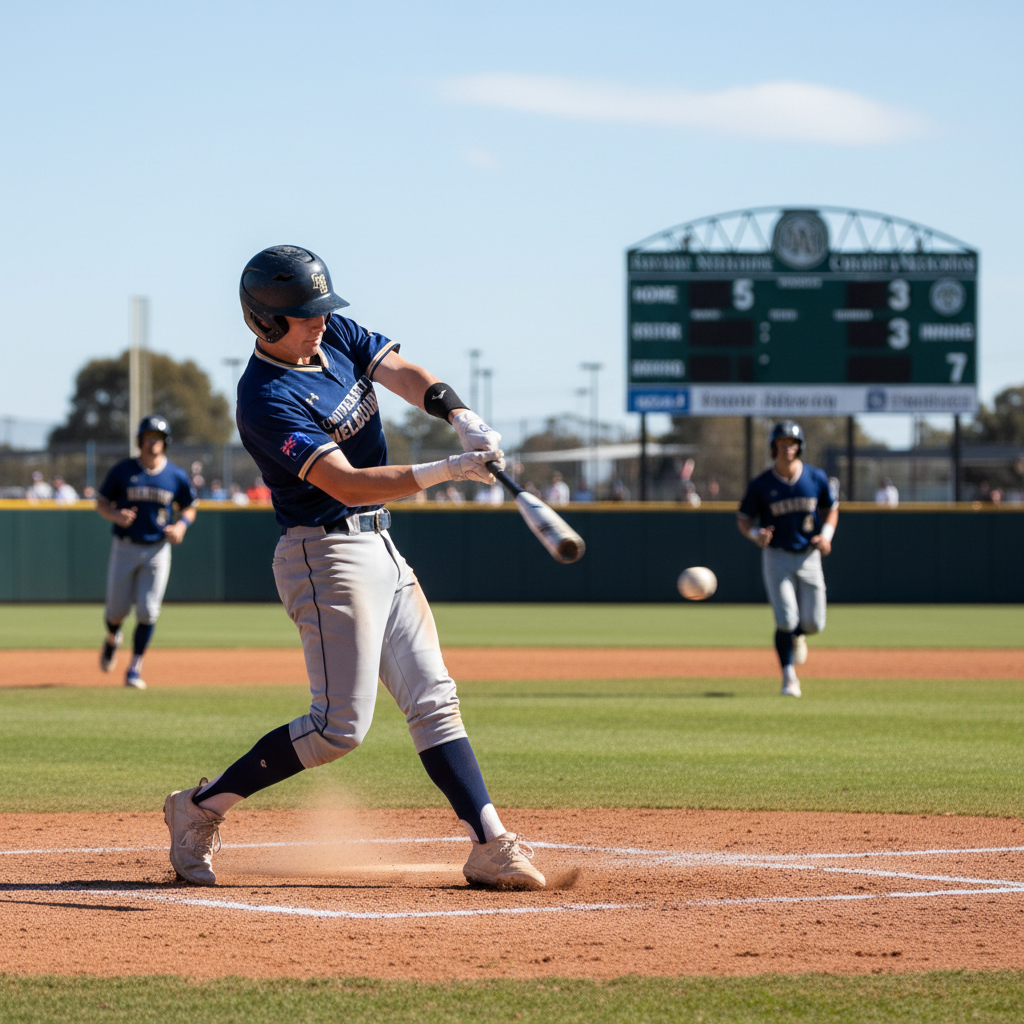 Australian male student-athlete hitting a triple in college baseball competition