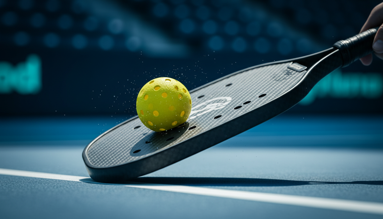 Pickleball action shot - paddle striking ball at kitchen line