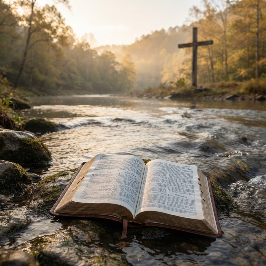 Open Bible beside water